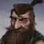 Placeholder: dnd, fantasy, watercolour, stylistic, portrait, illustration, dull colours, male, dwarf, face, bearded, long brows, frugal, weathered face, green eyes, determined, happy, red hair, very long hair streaming down the shoulders, radiating light, five o'clock shadow, softer facial features, dignified