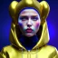 Placeholder: Ukrainian woman, rounded face, bubble gum, gold, blue, yellow, hoodie, feathers, retro, latex, leather, soft color, highly detailed, art stations, concept art, smooth, unreal engine 5, god rays, ray tracing, RTX, lumen lighting, ultra detail, volumetric lighting, 3d, finely drawn, high definition, high resolution, neon background.