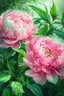 Placeholder: Watercolor pink peony bush, many leaves, ultra-detailed plant, summer, sun, evening, rain, beautiful landscape, fog, many details, subtle sensuality, realism, high quality, 3d, work of art, hyperdetalization, professionally, filigree, misty haze, hyperrealism, professionally, transparency, delicate pastel tones, backlight. The contrast is fantastic, unreal, translucent, luminous, clear lines