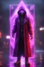 Placeholder: Lense flare,pencil outline,Volumetric fog cultist lord lights,paradise sacred geometry framed playing card, black, red, spore and purple neon cyber punk teurgist in soaked rain coat boss card in the style of escher and fallout 4 ,,bokeh like f/0.8, tilt-shift lens 8k, high detail, smooth render, down-light, unreal engine