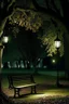 Placeholder: Park at night with lanterns, square bench, and dirt roads, trees, gothic horror films influence, creepy, photography