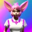 Placeholder: waitress teenager, cat ears latex headband, rounded face, pink short hair, pink makeup, striped shirt, vibrant color, highly detailed, gradient background, concept art, smooth, 16 bit, unreal engine 5, god rays, ray tracing, RTX, lumen lighting, ultra detail, volumetric lighting, 3d, finely drawn, high definition, high resolution.