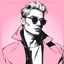 Placeholder: Fashionable blonde man in pink coat and sunglasses posing on pink background. Fashion woman cloth flyer design. Beauty, fashion. Advertisement concept with wide copy space for text.