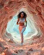 Placeholder: make a video pretty crystal cave covered with jewells and CIFI jewell lights and 3d recursive cubic and sphere base pearls and a beautiful fashion model lady with cute,curvy hair,makeup, in pretty sports suit is running inside cave ,dynamic camera fallow her inside cave capturing full body, dynamic lights.