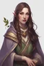 Placeholder: Pale green eyes. Lute instrument peaking from the back of the woman. Smirk. Beautiful female elf.