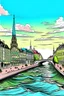 Placeholder: very romantic cityscape vienna with river, comics style