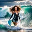 Placeholder: beautiful girl supper model, in nice body suit, with curvy hair,perfect face,perfect eyes,Surfing in huge wave,water with splash,seaside wavy sea ,storm, clouds ,rocky beach