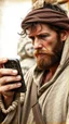 Placeholder: An old picture style of white and brown and very bad quality old camera with cracks of a Stone Age man holding an IPhone the year 1400