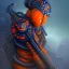 Placeholder: an orange fruit warrior in full navy blue and orange battle armor, a highly detailed illustration, background of Inka jungle, realistic render, 8 k, micro detail, intricate, elegant, centered, digital painting, Artstation, smooth, sharp focus, illustration, artgerm, tomasz alen kopera, peter mohrbacher, donato giancola, joseph christian leyendecker, wlop, boris vallejo