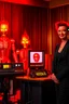 Placeholder: Portrait of a radio host and a Terminator-style robot in a burning radio studio