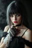 Placeholder: a mystic beauty goth woman with pale skin, black-silver hair, , goth style makeup. She wearing a stylish nice black dress and lace gloves, she gazes mysterious , mystic dark vibe, fog, shadows