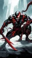 Placeholder: A close picture of Venom symbiote with kratos red tattoos and Clothes, holding blade of choice