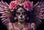 Placeholder: beautifull girl sugarskull,whit tattoo, pretty eyes, big wings, photography, soft light, volumetric lighting, ultra-detailed photography, black background, Perfect anatomy, super high resolution + UHD + HDR + highly detailed, hyperrealistic, dynamic lighting, RED METALIC and gold, PINK colors, STARS BACK AND MOON, FLOWERS PURPLE ARROUND, aztec queen.