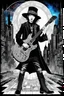 Placeholder: Mixed media picture, the background is black and white line art cyber city In the middle a colorful photo of an attraktive goth asian man playing on the old guitare , wearing goth dark cloths, shiny black jeans, steampunk black hat and black boots, his hair is deep blue-silver lines ans black colors, enhancing the contrast between her and the black and white cityscape space, cinematic