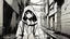 Placeholder: A brutalist architecture cyberpunk alley in a simple anime style, grayscale, rainy, dark, pitch black, foggy, with a girl wearing techwear clothing and a hoodie up leaning against the wall and showing her serious/emotionless face, with a more tanned skin tone, on the right side of the image
