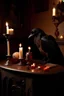 Placeholder: raven in victorian clothes, "box of chocolates", Candle Light, Fireplace,