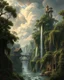 Placeholder: Bosch painting style, nightmare , the hanging gardens of Babylon, trees , building waterfalls , great quality picture with cinematic scenes , heavy clouds in the background