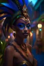 Placeholder: Generate an immersive portrait 3D rendering in the '3D Rendering style,' showcasing a female voodoo character in make-up and costume celebrating the Mardi Gras. Use advanced 3D techniques to bring this twilight epic scene to life. She is in her mid-twenties, showcasing exquisite beauty and an unwavering expression of resolve in an atmosphere of mystery, danger, and celebration. Her bright costume stands proudly highlighted by the interplay of shadows and faint beams of candlelight. The ima