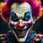 Placeholder: a robotic face of a clown, colorful vibrant colors, villanous grin smile, cinematic, Dark DC comics movie effect