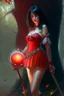 Placeholder: A young dark-haired witch in a red low-cut short skirt, standing under a tree, with a sword on her hip, glowing ball in her hand, photorealistic, delicate detail.