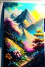 Placeholder: full light,highlight, trees, hill, day, sun day, an idyliic mountains with bright colorful flowers, mountains, sun,flower, paradise, on a canvas. realistic art, brush, pencil, detailed