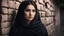 Placeholder: Hyper Realistic Young-Beautiful-Pashto-Women-With-Beautiful-Eyes-giving-bold-expressions in black shawl peeking-half-faced from a cracked-brick-wall at night with dramatic & cinematic ambiance