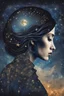 Placeholder: Double exposure of a female person's profile and a utopistic starry night sky, dramatic mood, dark depressive style, highly detailed intricate, surreal, stunning