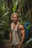 Placeholder: Very handsome blond man, 30 years old, elegant, athletic build, perfect face, blue eyes, fulfilling challenges of courage in a dangerous jungle, suffering and bleeding wearing dirty and tattered clothes