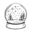 Placeholder: A black and white cute drawing of a magical snowglobe. Only outline, white background,for kids