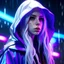 Placeholder: hyper detailed full HD resolution 8k a beautiful woman, albino, white hair, a beautiful goth woman with long black hair, wearing a plastic raincoat, purple neon lighting, 8k, high quality, highly detailed