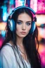 Placeholder: studio photography by MSchiffer, Kodak Vision 2383 Lut, portrait Photo of a mystic woman named Lisa Lou, with dark long hair, wearing high-tech headphones and a white shirt, The background unfocused pinkish Neon Signs lights, with her "beautiful big blue eyes" she looks directly into the camera, detailed natural skin, retrofuturism, future tech, futuristic, steampunk, soft cinematic lighting, RAW photo, high detailed Natural skin, 8k uhd, dslr, high quality, film grain, Fujifilm XT3, photorealis