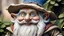 Placeholder: A close up view of an old smiling gnome showing detailed wrinkles ,largish nose , full round cheeks, nice welcoming blue eyes, old scraggly long white beard with largish pointed ears , wearing a big old pointed hat just covering the tops of his ears dressed in an old long cloak to match his hat , standing with a few bushes around him but only his upper torso in the picture with a misty forest background behind with the trees barely visible.