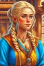 Placeholder: pretty girl, aged 25, blonde, conventionally attractive, bright clothes, medieval, viking, realism, dreamy, adventurer