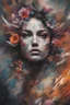 Placeholder: Generate a captivating digital artwork where a vivid explosion of images on a canvas bursts forth, weaving together elements of a woman, demons, tattoos, flowers, and stormy hues. Capture the essence of dynamic creativity in this abstract masterpiece."