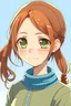 Placeholder: anime Pretty woman with reddish brown hair and light blue eyes and a pony tail with braids wearing a turtle neck sweater and having olive skin tone, slim and shapely