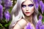 Placeholder: Fantasy cute elf with transparent wings, smiling, make up, long blond platinum hair, blue eyes, crown, beautiful dress, wisteria flowers and mushrooms in background, HQ, high key lighting, volumetric light high details