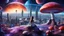 Placeholder: beautiful women sitting withoutt bro, on blue, red, purple mushroom in space, city of the future at the back ground planets above, space ships, hyper realistic.