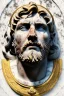 Placeholder: Ultra Realistic image, Roman sculpture, white marble material, Lionel Messi, gold Laurel leaves wreath, renaissance ornaments, radial gold lines, one gold star in heart, sun ornament, blue background, chisel style, waist up portrait, emperor style, epic, celestial, cinematic lighting, God light, god rays, 4k resolution, smooth details, ornate details, soft lighting, unreal engine 5, art station, substance 3d.