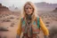 Placeholder: Beautiful blonde brown woman with freckles, wearing a colorful, vibrant, detailed embroidered costume, medium-full shot, in misty Arizona Badlands, gilet jaune, Smokey fluo, by Moebius