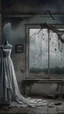 Placeholder: An old dusty wedding dress hanging on the wall by a cloths hanger by a needle of an abandoned room in front of broken glass stormy foggy sky in the background, Bosch painting style, sad and tragic and dark scenes