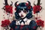 Placeholder: Poster in two gradually, a one side malevolent goth vampire girl face and other side the Singer Melanie Martinez face, full body, painting by Yoji Shinkawa, darkblue and sepia tones, wears a smart shirt which is embroidered with red flowers and ornaments, has dark eyes and horns