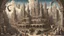 Placeholder: Depiction of an elaborate fantasy cityscape with various architectural styles, including classical and gothic elements, with statues of humans, animals, birds, and mythical figures with multiple levels of buildings.