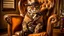 Placeholder: very clever cat with glasses and panama hat and gun in chair. Make the picture lighter