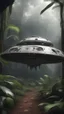 Placeholder: An abandoned damaged UFO spacecraft crashed in the Amazon rainforest , surrounded by monkeys ,