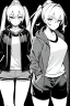 Placeholder: blonde girl with ponytails dressed in a jacket and shorts walks briskly, front view, greyscale