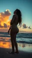 Placeholder: A beautiful naked girl standing on the beach sound looking to sunset clouds