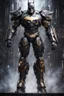 Placeholder: Fullbody photography front view of a Batman mech in transformative style, his metallic skin gleaming with intricate textures and intricate details, captured in an ultra-realistic style that blurs the lines between reality and imagination, cosmic background