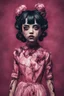 Placeholder: full color, illustration of a darkred and pink tones, menacing, Singer Melanie Martinez face, as a decayed, broken, skin turned translucent, black veins that extended like roots beneath her skin, latex suit, crude homemade cloth doll toy, with a narrow cracked porcelain face, thick dark eyebrows, hair in two gradually, made from ragged strips of cloth, in the style of Alex Pardee, Tim Burton, and Nadya Sheremet