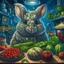 Placeholder: portrait of crazy scientist irradiating food inside grove with huge fluffy space chinchilla in the style of Escher, 4 k, down-light, soft light, depth of field, photo realism, trending on art station, high detail, spray paint