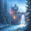 Placeholder: fantasy art, book illustration, close up on big wolf wizard,the stairs of a bridge or dam ,icy water, on the bridge,seen from the tree tops